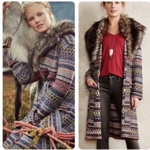 Anthropologie Angel of the North Faux Fur Collar Belted Sweater Coat